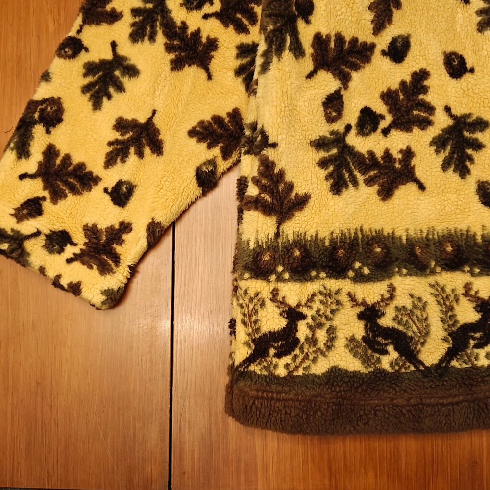 Tsunami Sherpa‎ Full-Zip Jacket Yellow Tan Reindeer Leaf Women's S Oversized VTG - Picture 3 of 6